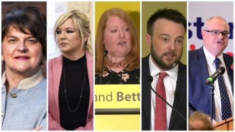 Arlene Foster and Michelle O'Neil, naomi long, Colum eastwood, steve aiken