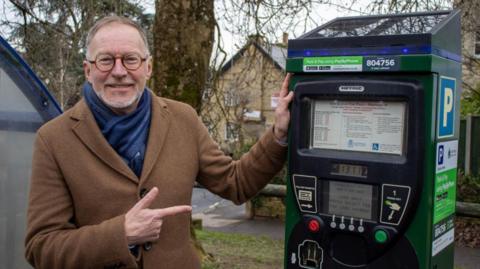 Paul Hodgkinson wearing a long brown button up coat and a blue scarf. He has short brown-grey hair and a trimmed, a light grey goatee style beard, and round brown glasses. He is standing beside a green and black parking meter and posing for the camera, smiling with his left hand on the meter and his right hand pointing at it. 