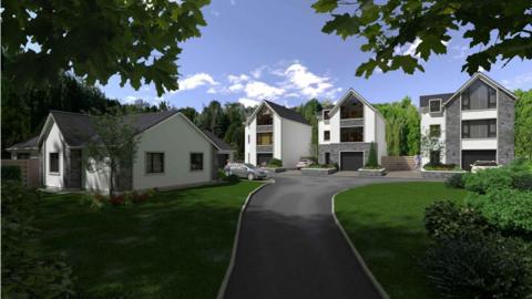 A CGI visualisation of a small cul-de-sack surrounded by trees, and three, three-storey modern-style family homes, and one bungalow opposite. 