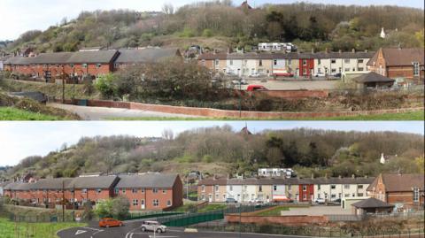 A composite image showing two views of the road by Skinningrove Beck, between New Company Row and Zetland Row. The image at the top shows the area as it is now, with vegetation overgrowing from the beck and rows of houses nearby. The bottom is a CGI image of the area and shows what a new bridge over the beck would look like.