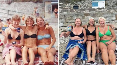 Composite image showing three women sat on the same beach 40 years apart