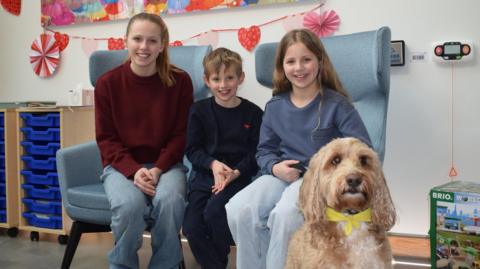 Three children smile at the camera as they sit on a blue chairs in a white-painted room with colourful decorations. In front of them sits a golden coloured dog with floppy ears wearing a yellow bow round its neck.