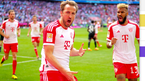 Harry Kane celebrates scoring for Bayern Munich against Eintracht Frankfurt in the Bundesliga