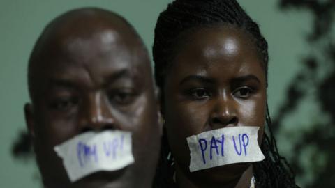 Activists demanding that rich countries pay up for climate finance for developing countries of the Global South protest on day eleven at the UNFCCC COP29 Climate Conference on November 22, 2024 in Baku, Azerbaijan