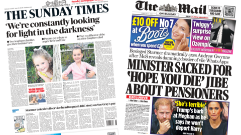 Composite image of the front pages of the Sunday Times and the Mail on Sunday next to each other