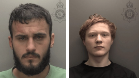 Two custody photographs of men side by side. On the left is a man with short black hair, a black beard and moustache frowning as he looks into the camera wearing a green top. On the right is a man with ginger hair and a black top leaning against a grey wall.