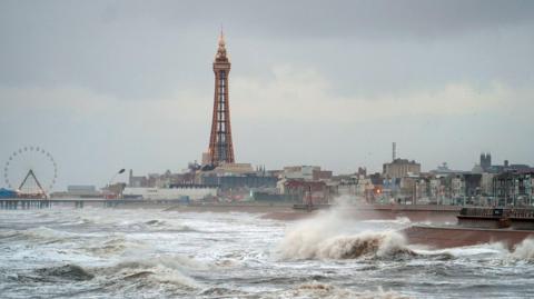 Strong winds whipping up waves at Blackpool