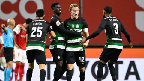 Sporting players celebrate scoring against Braga