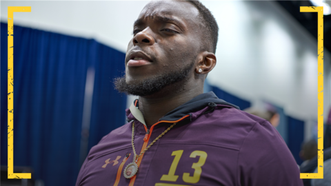 Auburn linebacker Deshaun Davis answers questions from the media during the NFL Scouting Combine