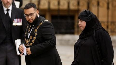 Lord Mayor of Westminster, Councillor Hamza Taouzzale arrives at Westminster Abbey on the day of the state funeral