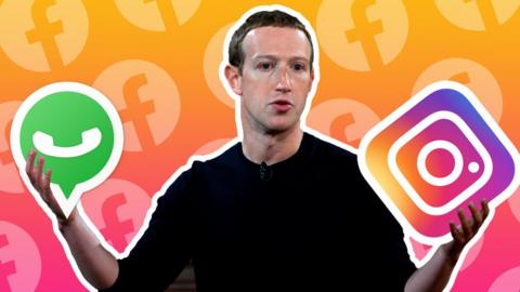 Mark Zuckerberg holds the logos of Whatsapp and Instagram in his raised hands in this photo illustration