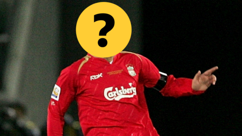 A Liverpool player with his face covered by a question mark