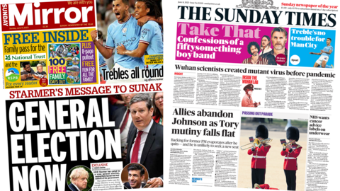 The headline in the Sunday Mirror reads 'General election now' and the headline in the Sunday Times reads 'Allies abandon Johnson as Tory mutiny falls flat