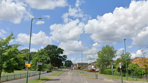 A single lane road with houses on the right and a grassy area on the left