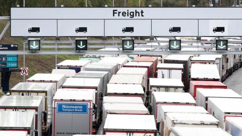 Lorries queuing for Eurotunnel in Folkestone, Kent