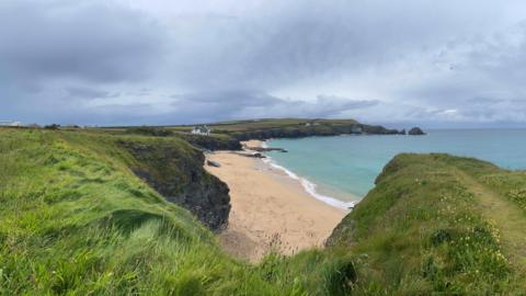 A view of the coast at Mother Ivey's Bay showing the grassy tops of cliffs leading down to a beach
