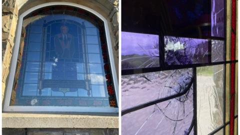 A memorial stained glass window was smashed in several places