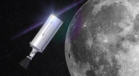 Artists impression of space x rocket part floating close to the Moon