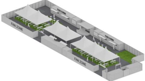 An architect's computerised drawing of the development showing food and drink stalls down one side with covered seating in the centre, surrounded by a fence.