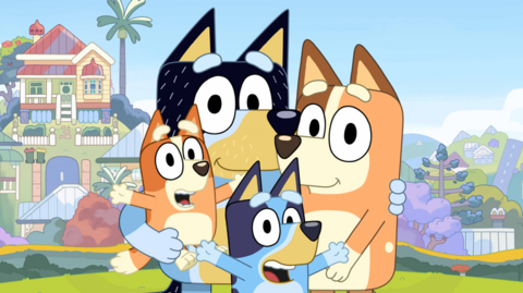 The Bluey cartoon featuring all the main character - Bluey, Chilli, Bandit and Bingo.