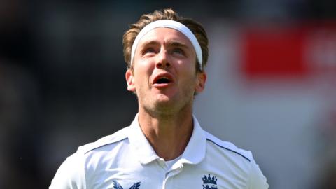 England bowler Stuart Broad looks up after taking his 600th Test wicket