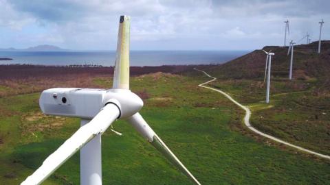 Damaged wind turbines are seen in the aftermath of Hurricane Maria in Naguabo, Puerto Rico on October 2, 2017