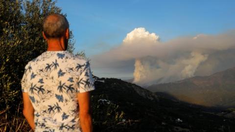 A man looks at clouds formed by a wildfire on the Sierra Bermeja mountain