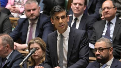 British Prime Minister Rishi Sunak at the dispatch box in the House of Commons