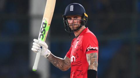 England opener Alex Hales raises his bat after reaching fifty against Pakistan