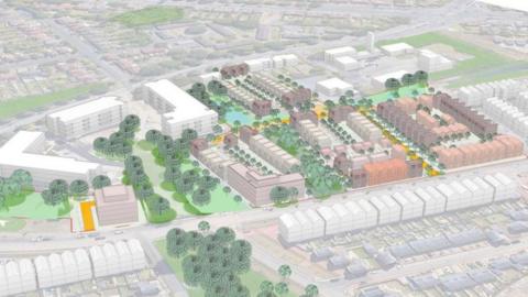 Artist's impression of planned housing site. The drawing includes trees, roads and housing.