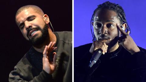 Composite of Drake performing in 2015 and Kendrick Lamar performing in 2017