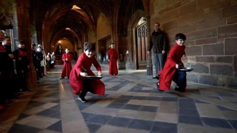 Pancake day race at Worcester Cathedral