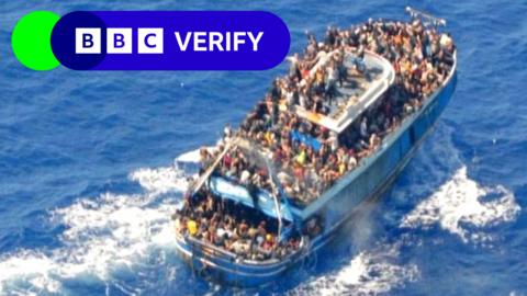 An aerial shot of the fishing vessel carrying migrants