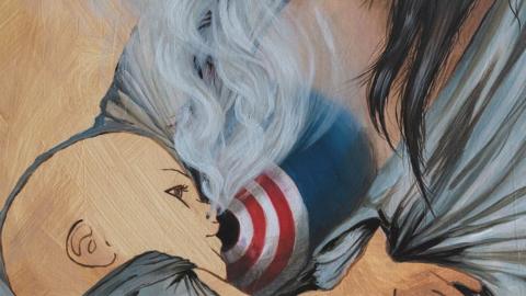 A painting by Carla Lucarelli, depicting a mother feeding her newborn baby smoke from her breast