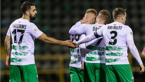 The New Saints players celebrate after scoring a goal against Swansea City Under-21s