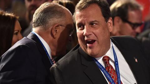 Governor of New Jersey Chris Christie (R) speaks with Former Mayor of New York City Rudy Giuliani before the first presidential debate at Hofstra University in Hempstead