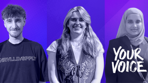 Three-way split of three young people - Adam, Daisy and Shahida - against a purple backdrop 