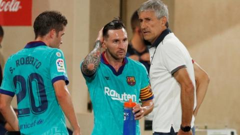 Barcelona boss Quique Setien and forward Lionel Messi