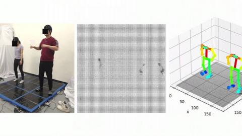 A composite image (L) two people using a carpet fitted with sensors (C) and (R) graphical outputs of the people's movements