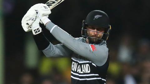 New Zealand's Devon Conway bats in T20 World Cup game v Australia at SCG