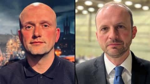 A composite photo of Stephen Flynn and Stephen Gethins. Flynn is in a tv studio looking at the camera. He is bald and wearing a blue polo shirt.
Gethins has short, brown hair and a short beard. He is looking at the camera in an election count venue. He is wearing a dark suit, white shirt and blue tie
