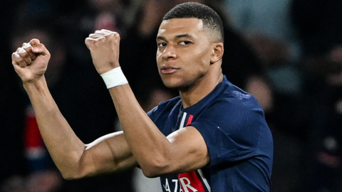 Kylian Mbappe celebrates scoring for Paris St-Germain against Real Sociedad in the Champions League