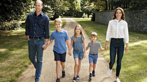 Prince William and Catherine, with Prince George, Princess Charlotte and Prince Louis, in the family Christmas Card image showing them in Norfolk