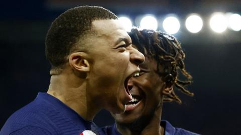 Paris St Germain's Kylian Mbappe celebrates scoring their fourth goal with Timothee Pembele and becomes Paris St Germain's all time top goalscorer