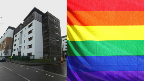 UWE accommodation block and LGBT flag