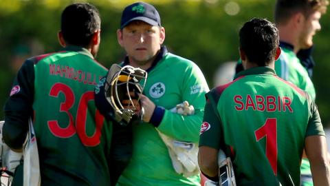 Players shake hands after last May's ODI at Clontarf in Dublin