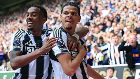 William Osula celebrates with Joe Willock after scoring for Newcastle United against Brighton at St James' Park on 2 May, 2026