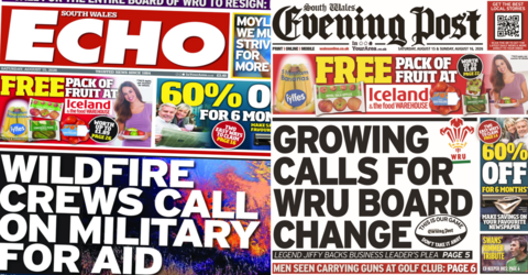 The front pages of the South Wales Echo and the South Wales Evening Post