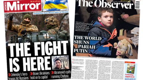 The Sunday Mirror and the Observer front pages 27 February 2022