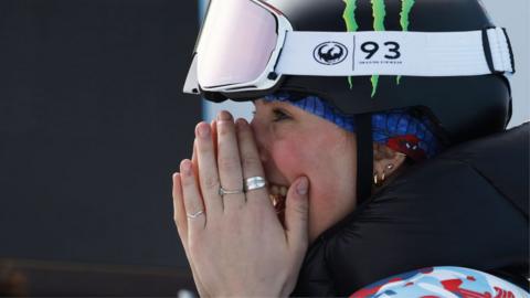 Mia Brookes celebrates after winning women's slopestyle gold in Georgia